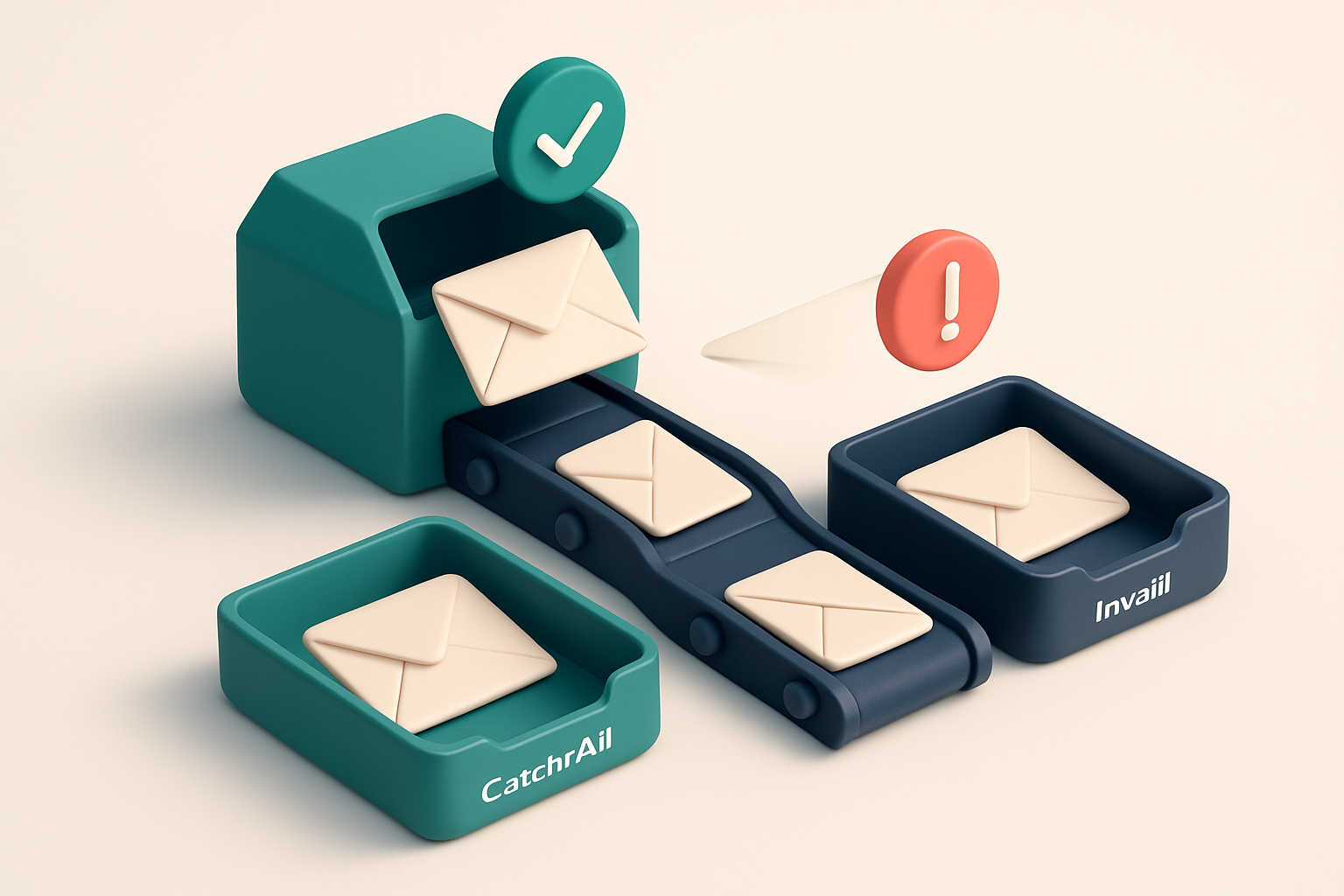 An isometric inbox with envelopes labeled 'valid', 'catch-all', and 'invalid' being routed by conveyor belts into separa