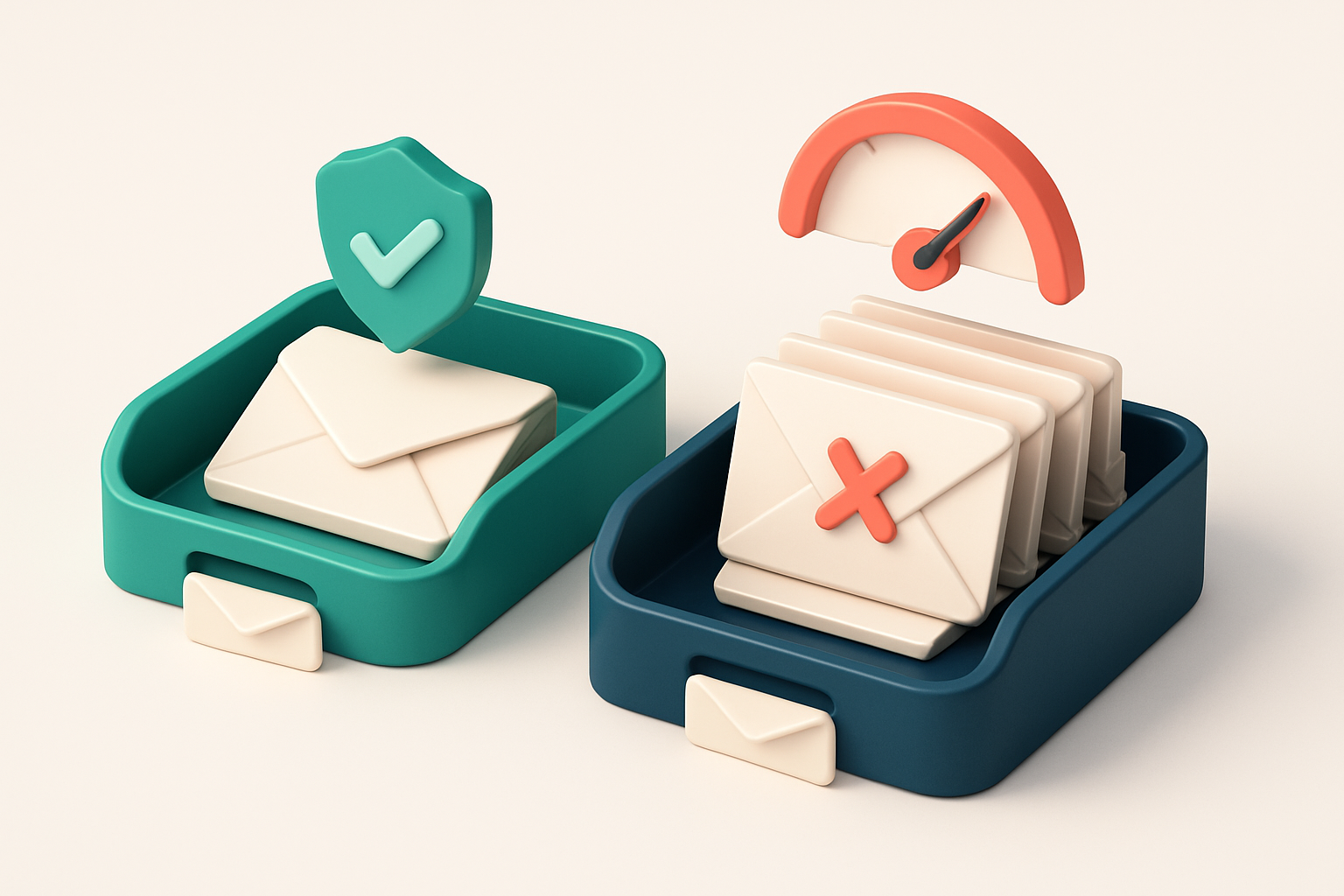 An isometric inbox with envelopes labeled 'Valid' and 'Invalid' sorted onto separate trays; a red 'bounce' gauge is spik