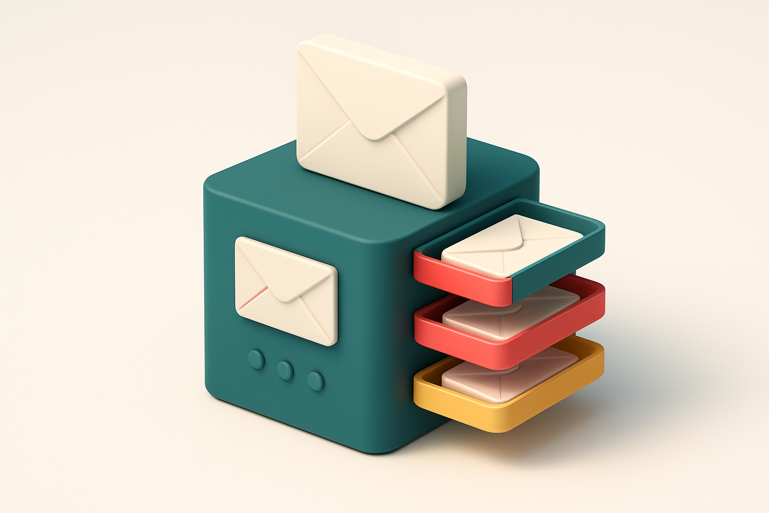 An isometric email server stacked with envelopes labeled 'Valid', 'Invalid', 'Catch-all', and 'Risky', sorted into diffe