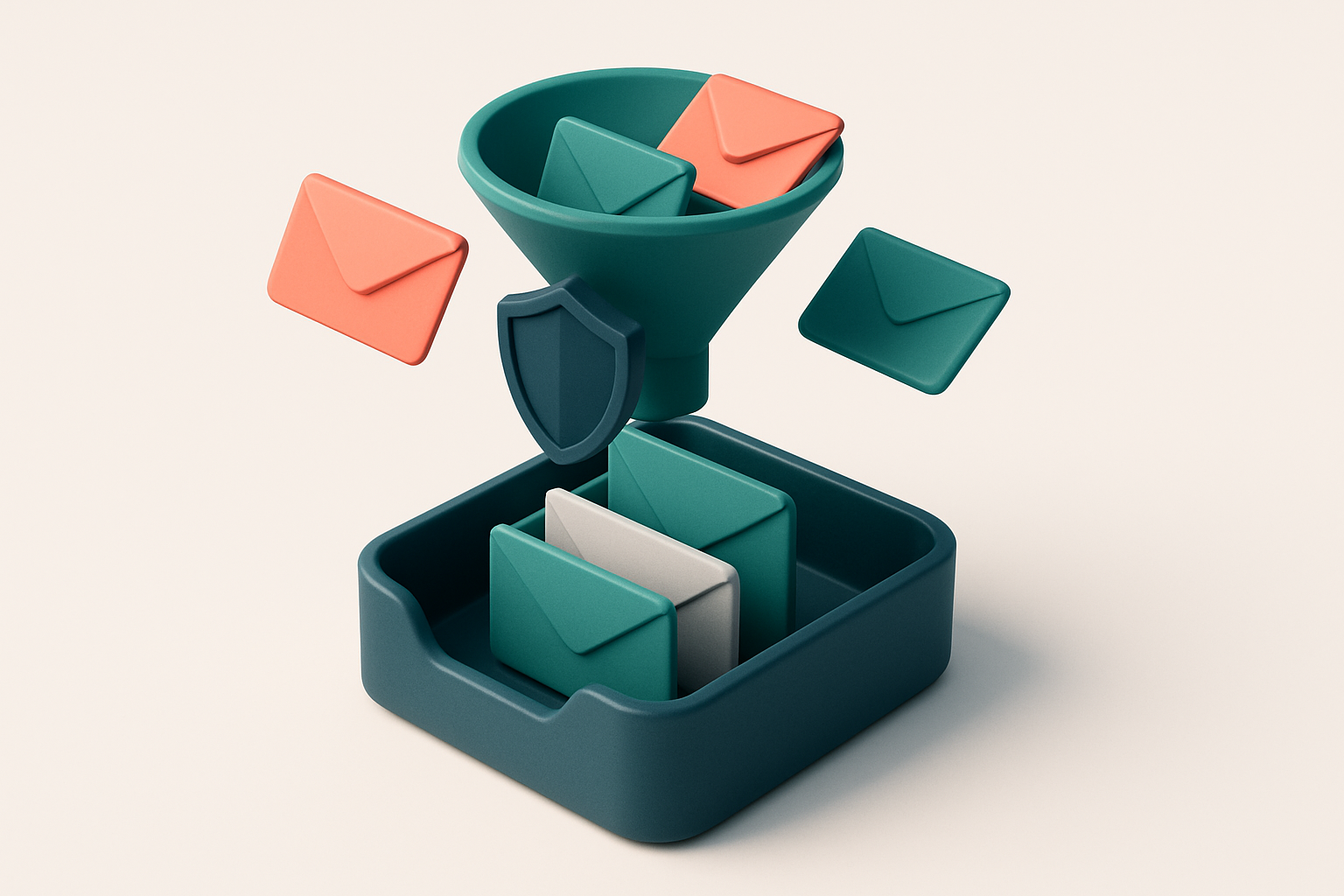 An isometric inbox filled with green envelopes labeled 'valid', red envelopes labeled 'invalid', and gray envelopes labe