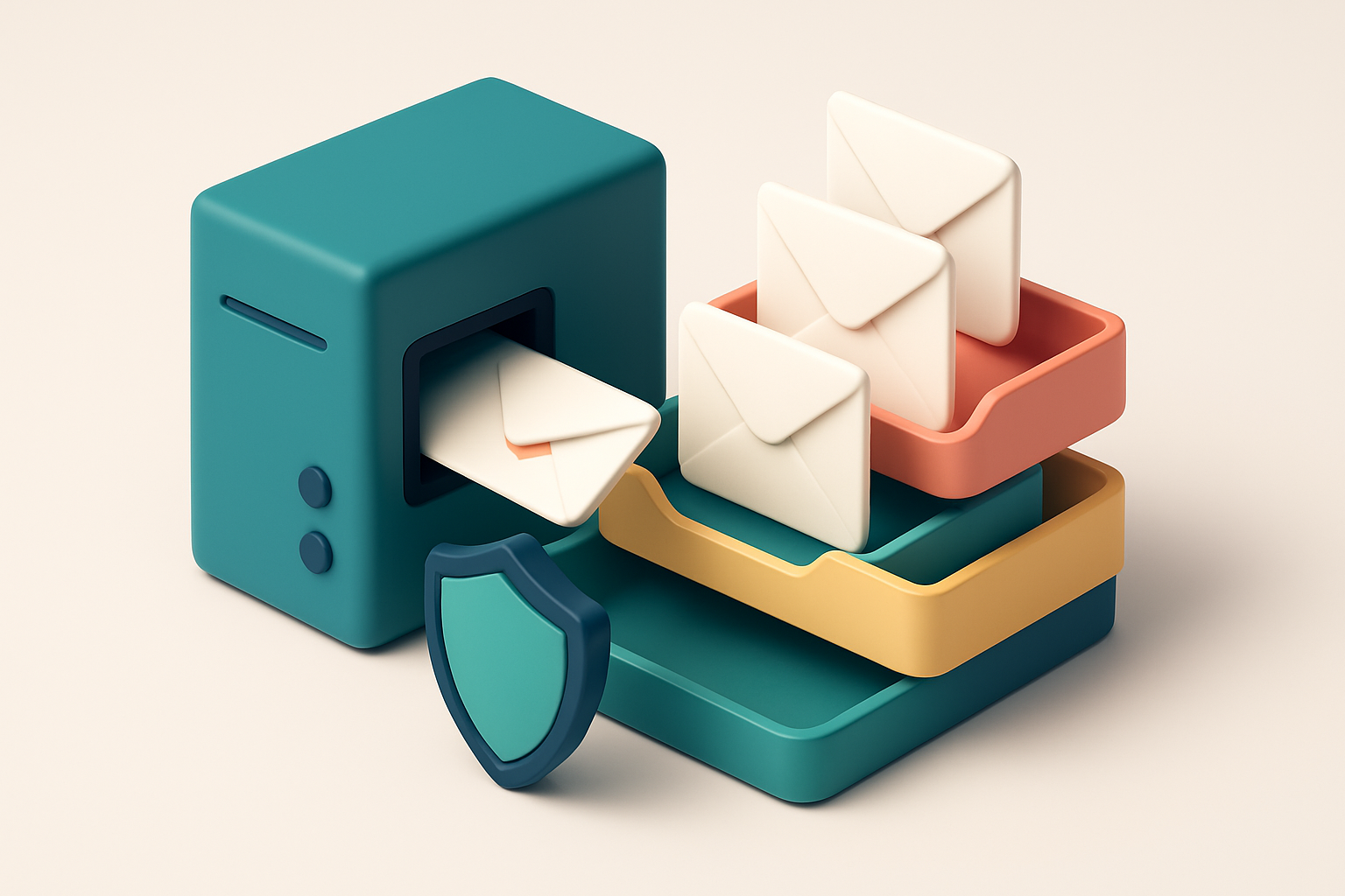 An isometric email inbox with envelopes labeled 'valid', 'catch-all', and 'invalid' being sorted by a server into three