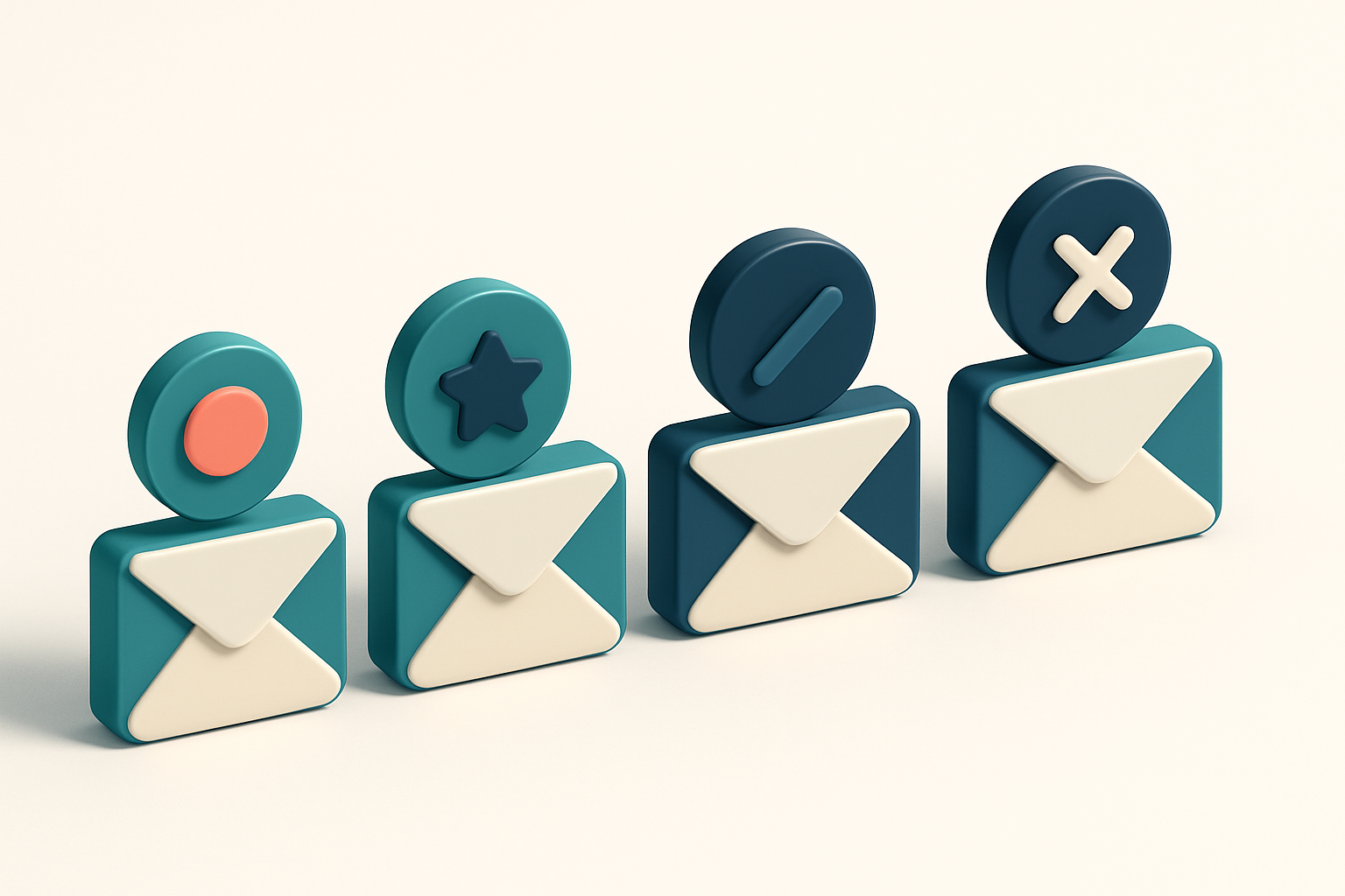 a row of four envelope icons, each with a different status indicator (inbox, spam, blocked, or undelivered)