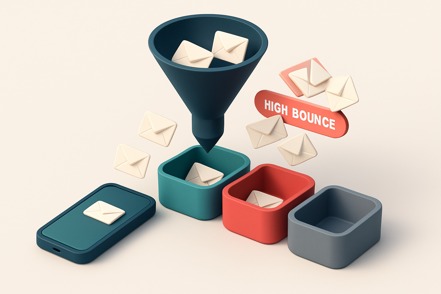 An isometric inbox funnel with green 'in inbox' bins, red 'spam' bins, and gray 'blocked' bins; test emails flow through