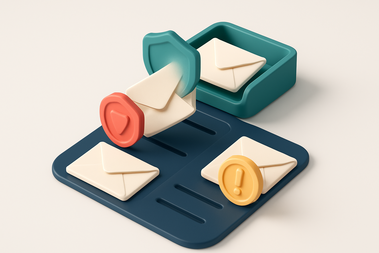 An isometric email inbox with envelopes being scanned by a digital shield, one passing into a green 'inbox' tray, anothe