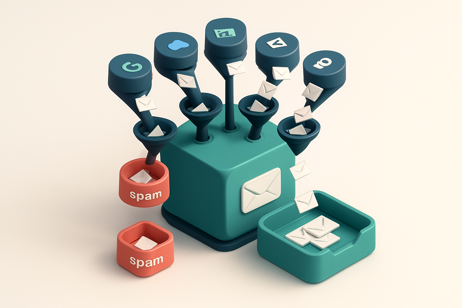 An isometric view of a centralized email server with five labeled ports (Gmail, Outlook, Yahoo, Apple Mail, ProtonMail),