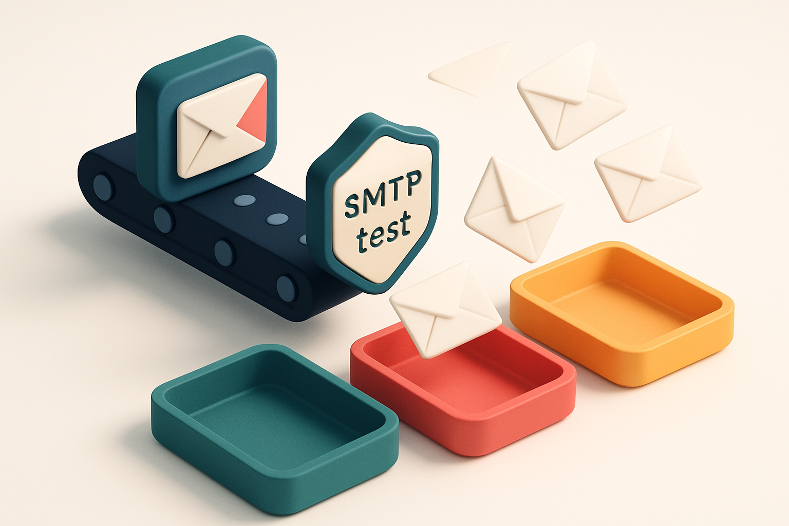 An isometric inbox with envelopes flying from a conveyor belt, landing on a green 'valid' tray, a red 'invalid' tray, an
