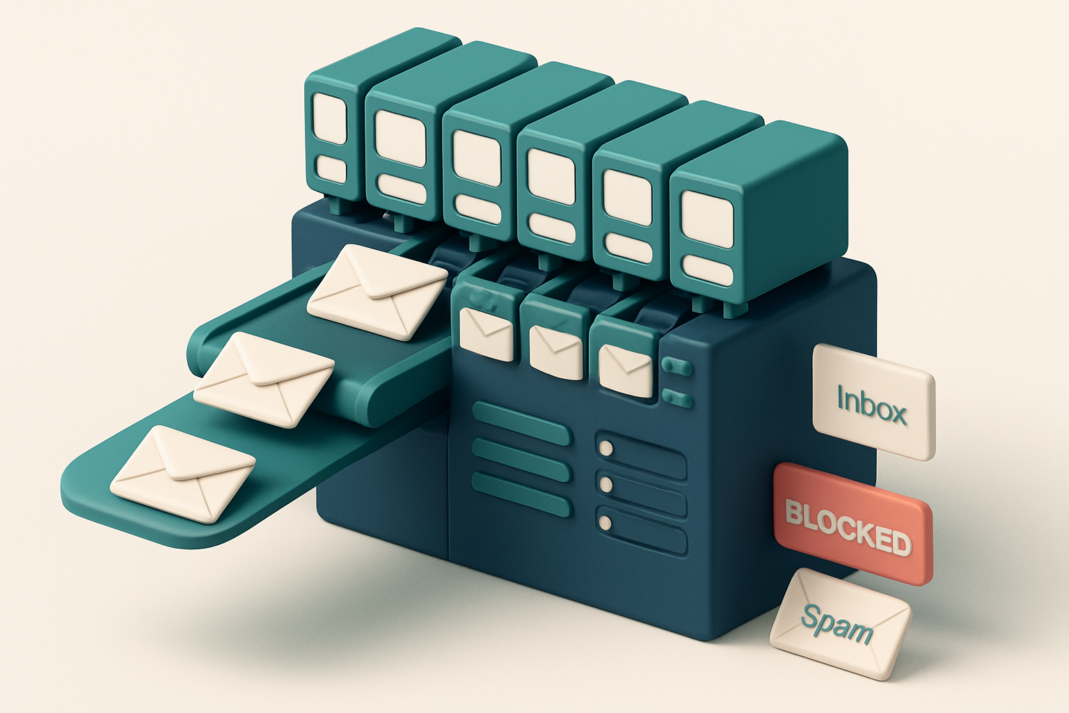 An isometric email server rack with 12 labeled inboxes (Gmail, Outlook, Yahoo, etc.) at the top, each receiving a test e