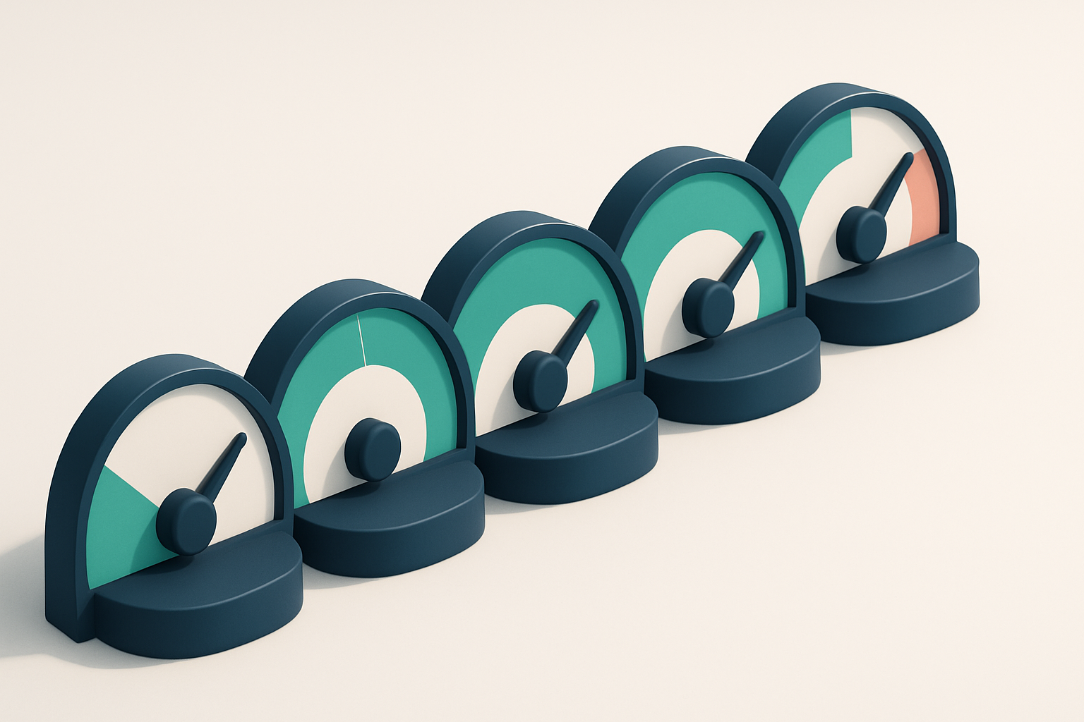 a row of five gauges with different values ranging from low (0%) to high (100%)