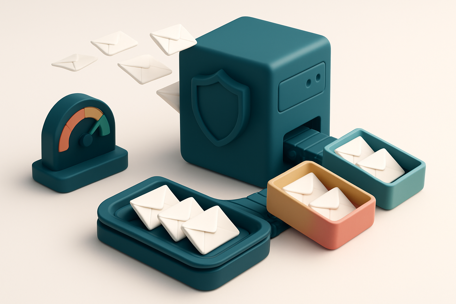 An isometric email inbox with envelopes flowing into three trays: green for 'valid', red for 'invalid', and yellow for '