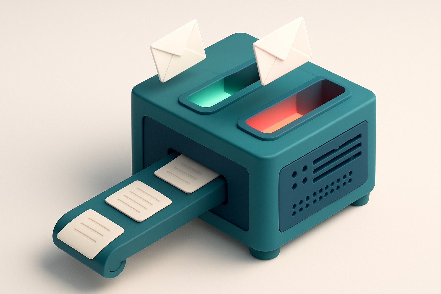 An isometric email server rack with real envelopes being sent into glowing 'inbox' ports (green) and 'spam' ports (red),
