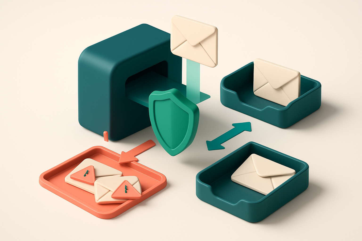 An isometric email inbox being scanned by a green shield, with envelopes labeled 'valid' routed to a green inbox tray, '