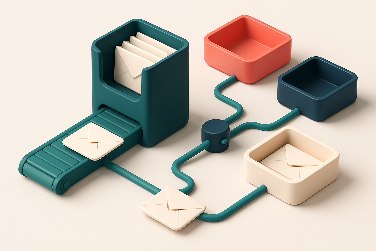 An isometric scene showing a green 'deliverable' conveyor belt feeding into a primary inbox stack, while red 'blocked' a