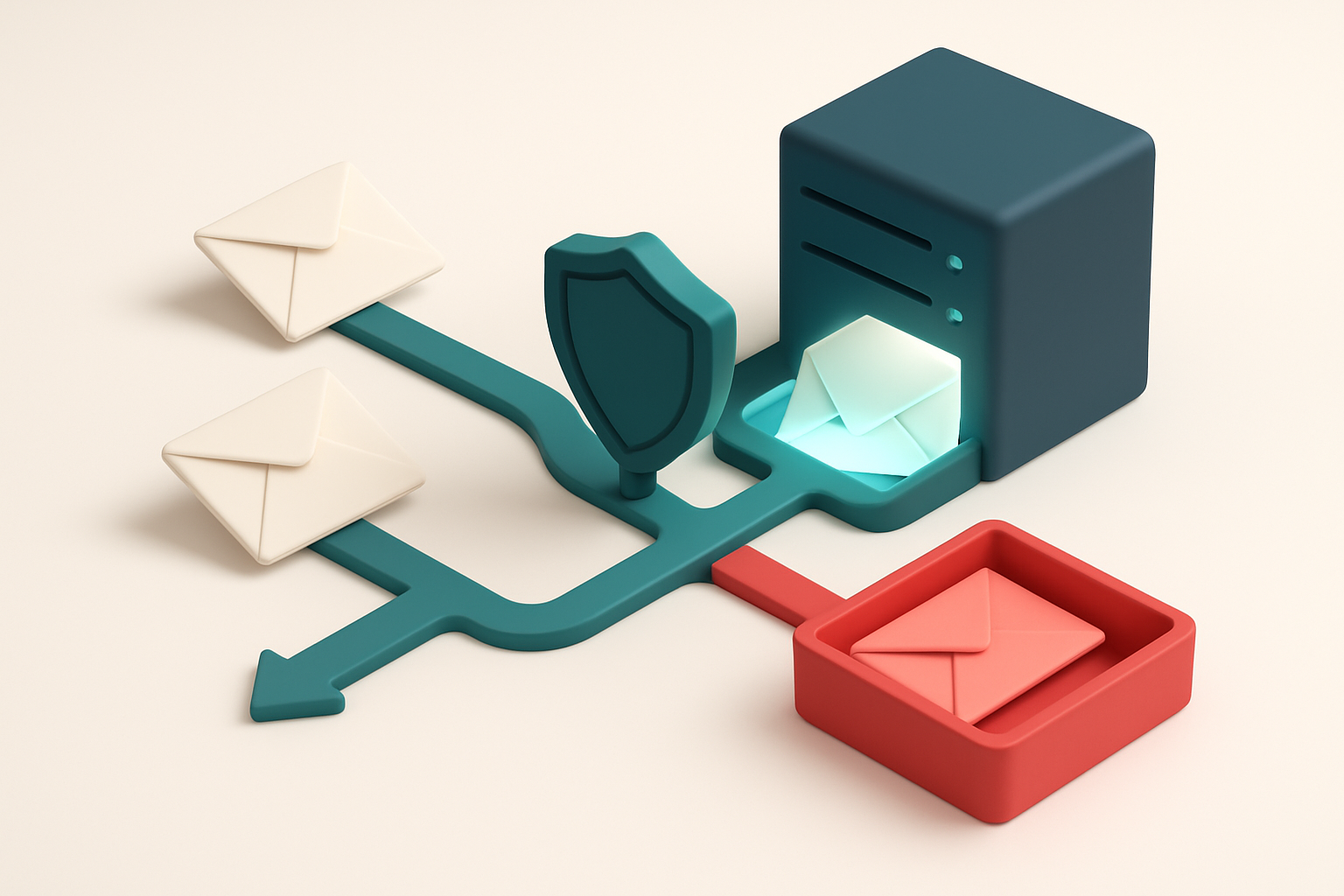 An isometric email server network with incoming envelopes labeled 'Legal Brief,' 'Client Request,' and 'Court Notice' mo