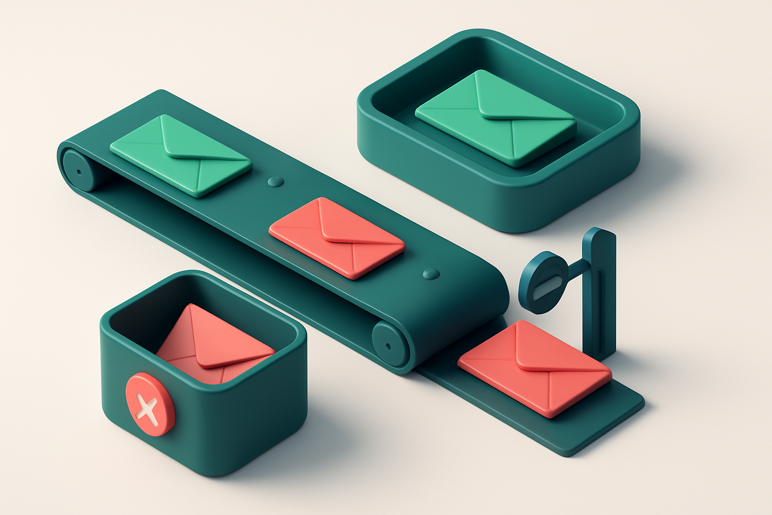 an isometric inbox with envelopes being sorted via a conveyor belt — green 'valid' envelopes go into a smooth inbox tray