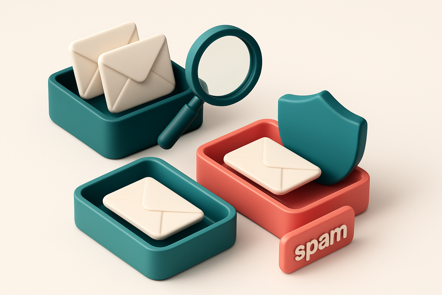 An isometric email inbox with envelopes being sorted onto a green 'valid' tray and a red 'invalid' tray, a magnifying gl