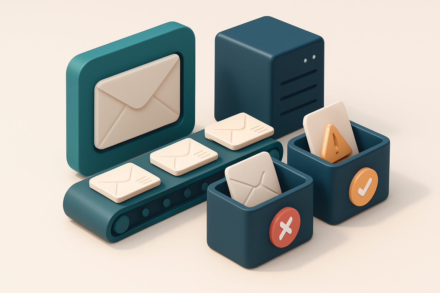 An isometric email inbox with a conveyor belt carrying envelopes labeled with addresses, sorting them into three bins: o