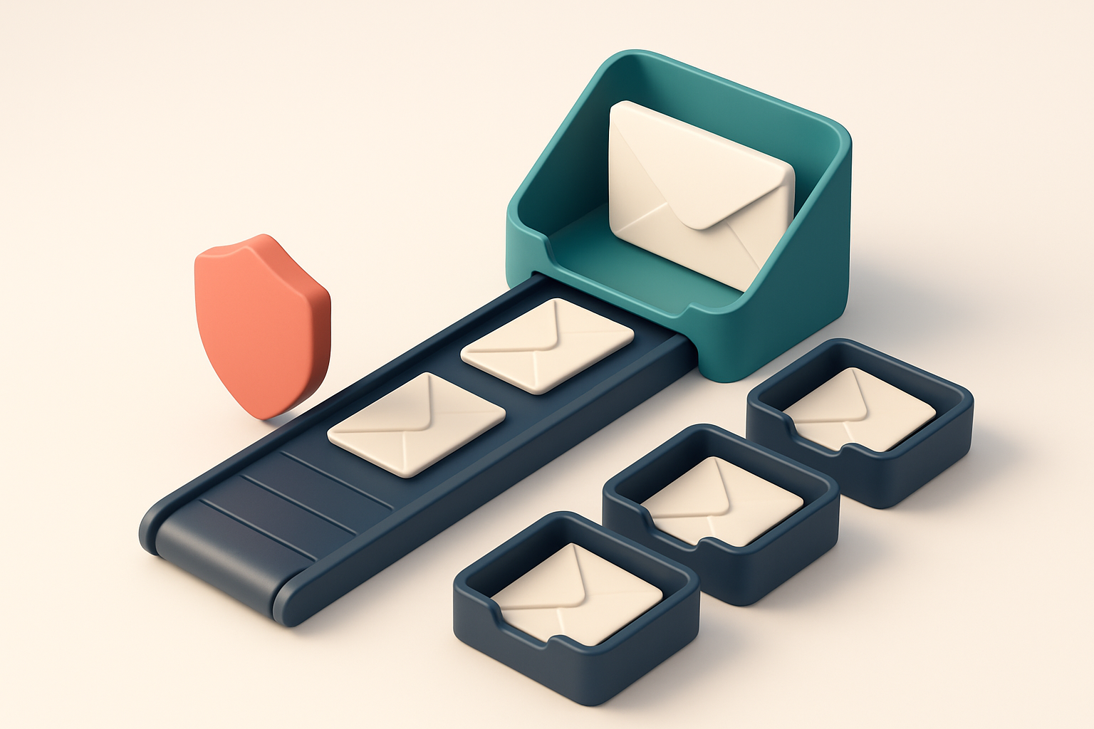 An isometric email inbox with a conveyor belt carrying envelopes labeled 'valid', 'risky', and 'invalid', each directed