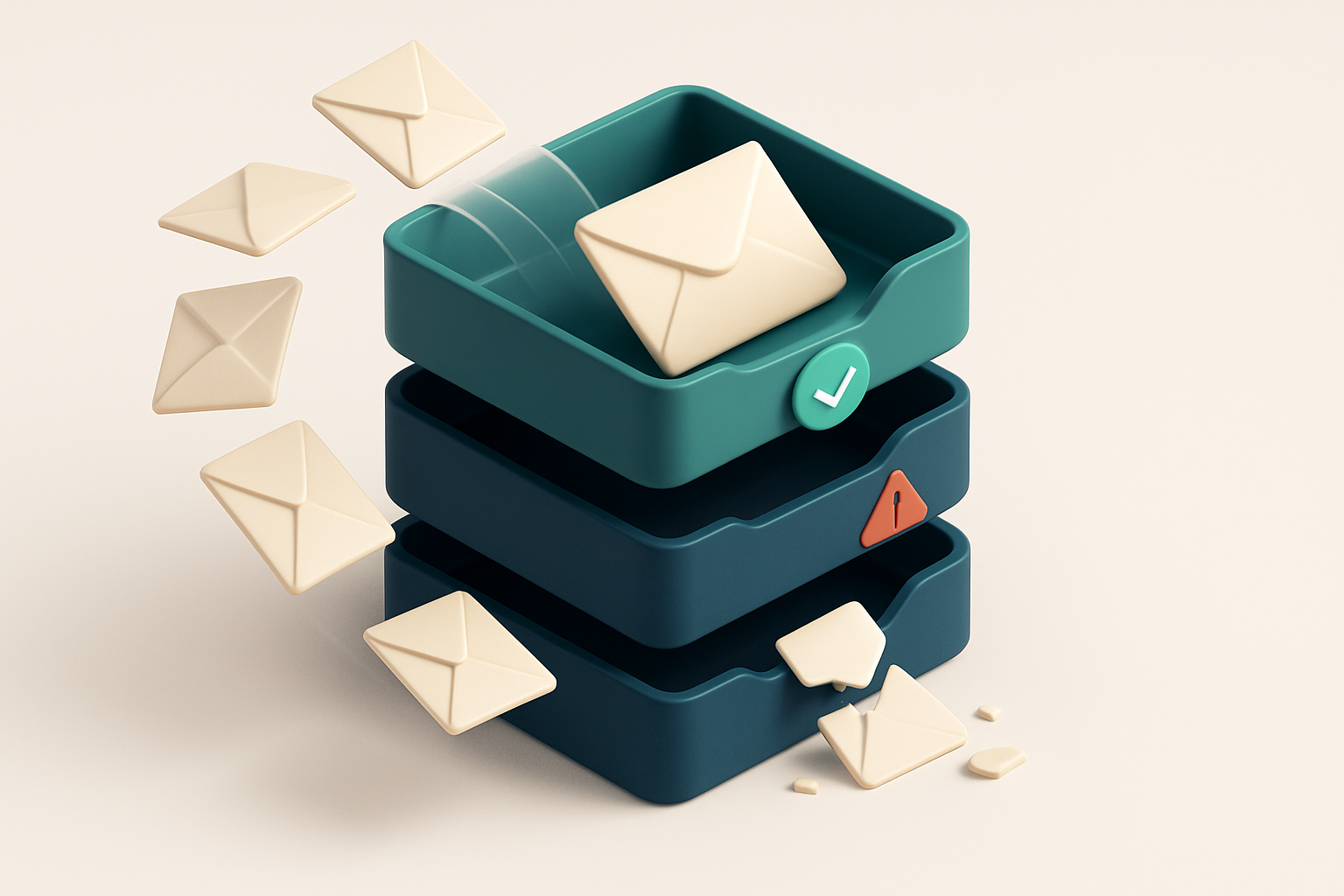 An isometric email inbox stack with three trays: one labeled 'valid' with envelopes smoothly landing in it, another 'ris