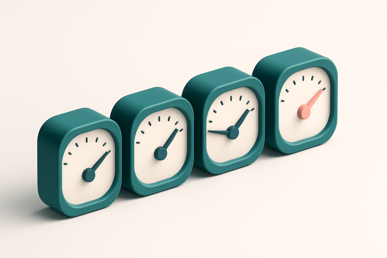 a row of four gauges, each with a distinct value, one of them red