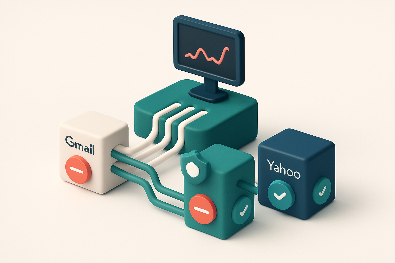 Hero: an isometric network infrastructure hub with data streams flowing into three distinct email servers labeled 'Gmail