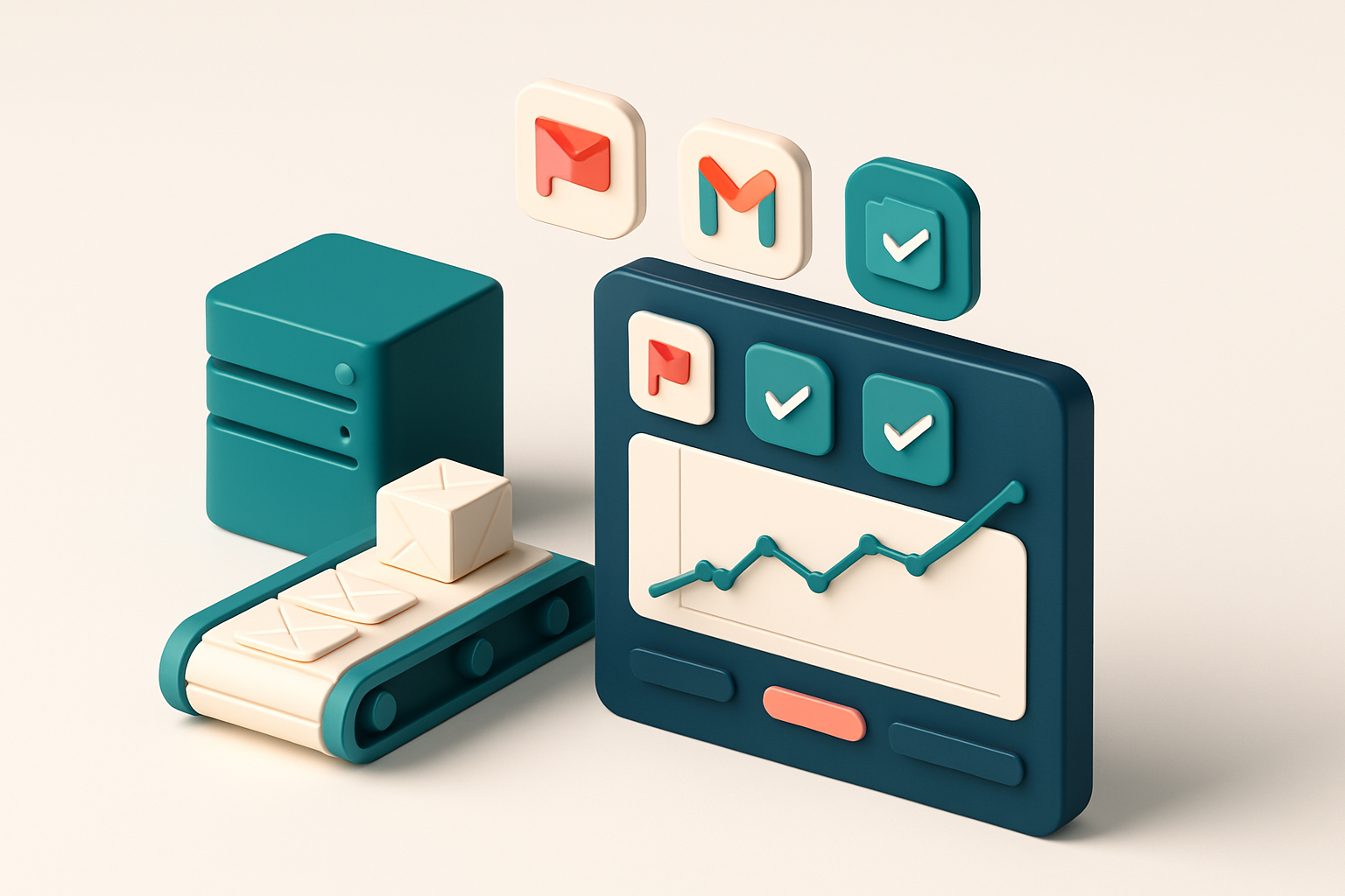 an isometric dashboard showing a live inbox placement graph with green checkmarks on Gmail and Outlook, red flags on spa