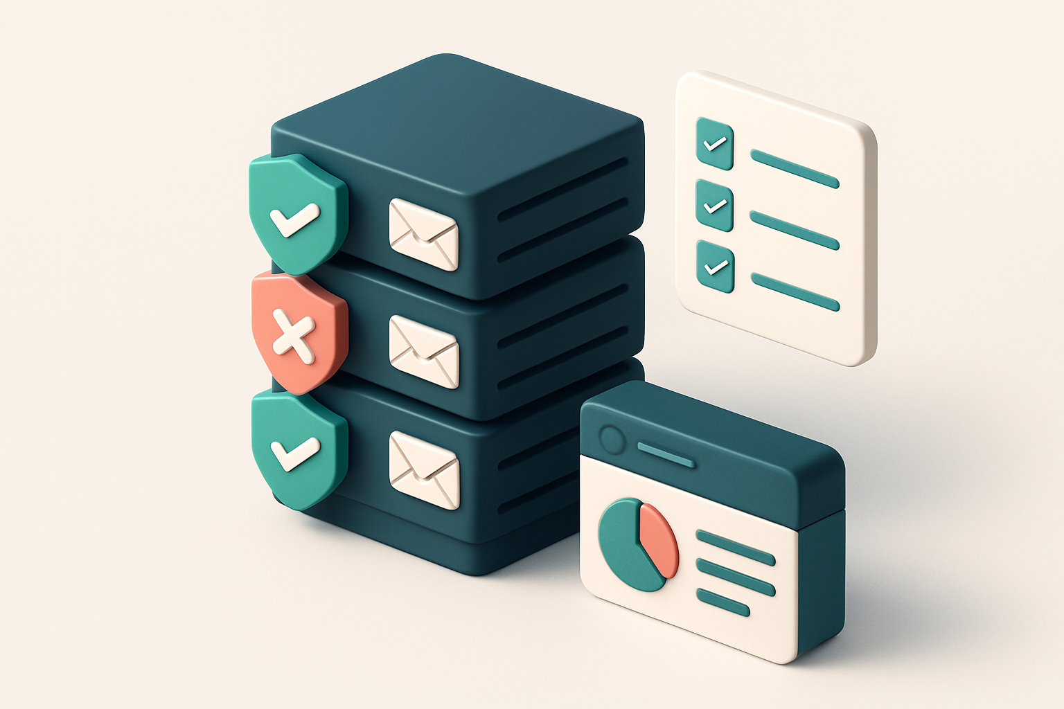 An isometric email server rack with green 'SPF-valid' shields on some servers, red 'SPF-fail' shields on others, and a d