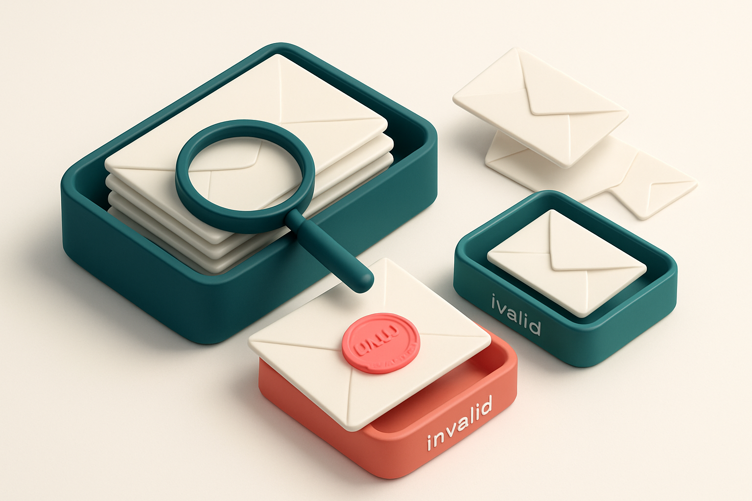 an isometric email inbox with envelopes being sorted onto a green 'valid' tray and a red 'invalid' tray, a magnifying gl