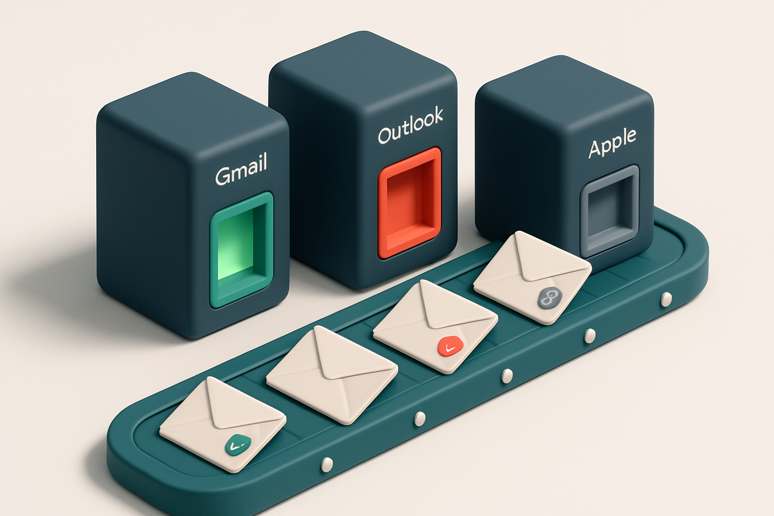 An isometric mail server cluster with glowing green 'inbox' doors, red 'spam' doors, and gray 'blocked' doors, each labe