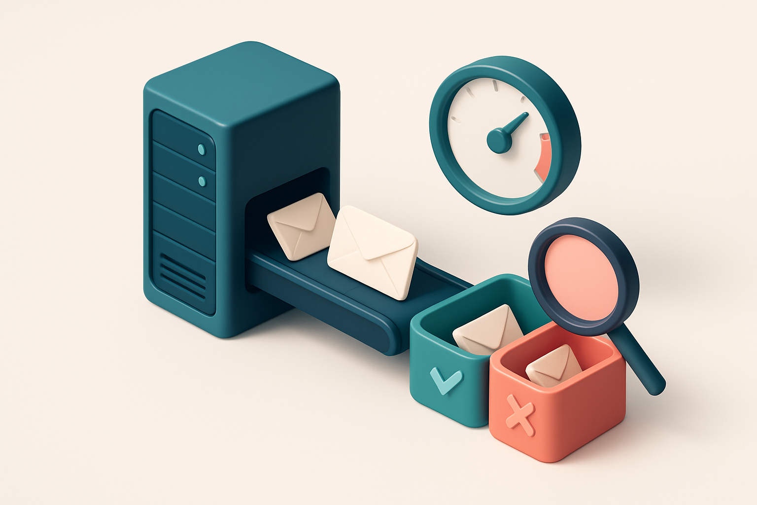 An isometric server rack with an envelope conveyor belt feeding into a green 'valid' tray and a red 'invalid' tray, a ma