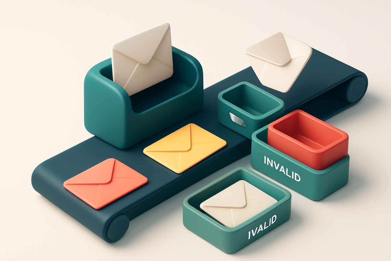 An isometric illustration of a 3D email inbox with envelopes being sorted into a green 'valid' tray and a red 'invalid'