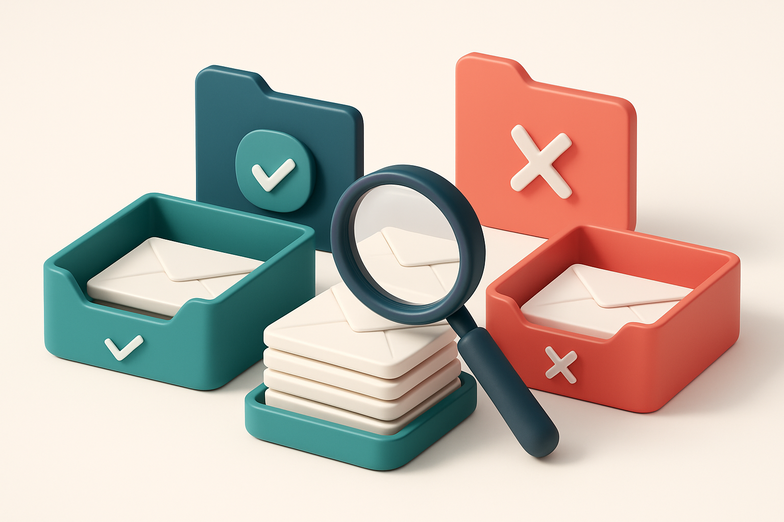 An isometric email inbox with envelopes being sorted onto a green 'valid' tray and a red 'invalid' tray, a magnifying gl