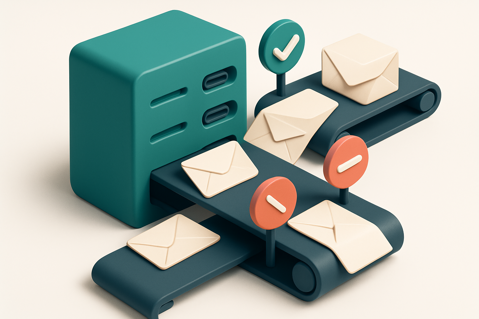 Hero: an isometric email server rack with labeled ports for 'GetResponse', 'MailTester API', and 'Inbox'. Envelopes labe