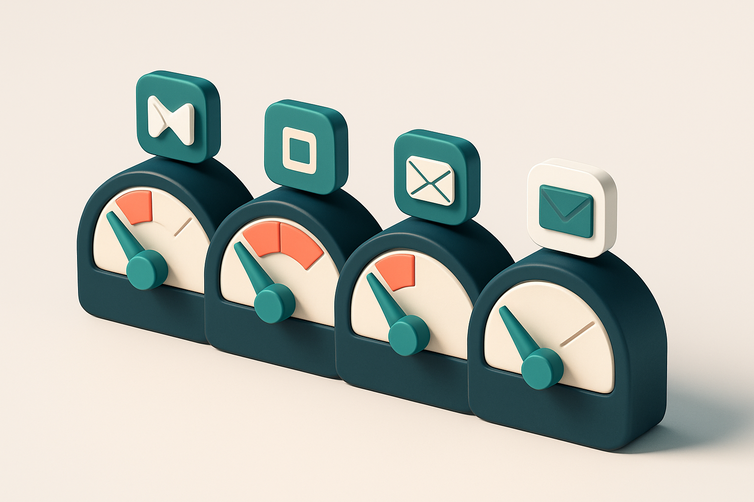 a row of four gauges showing inbox placement scores across Gmail, Yahoo, Outlook, and Apple Mail