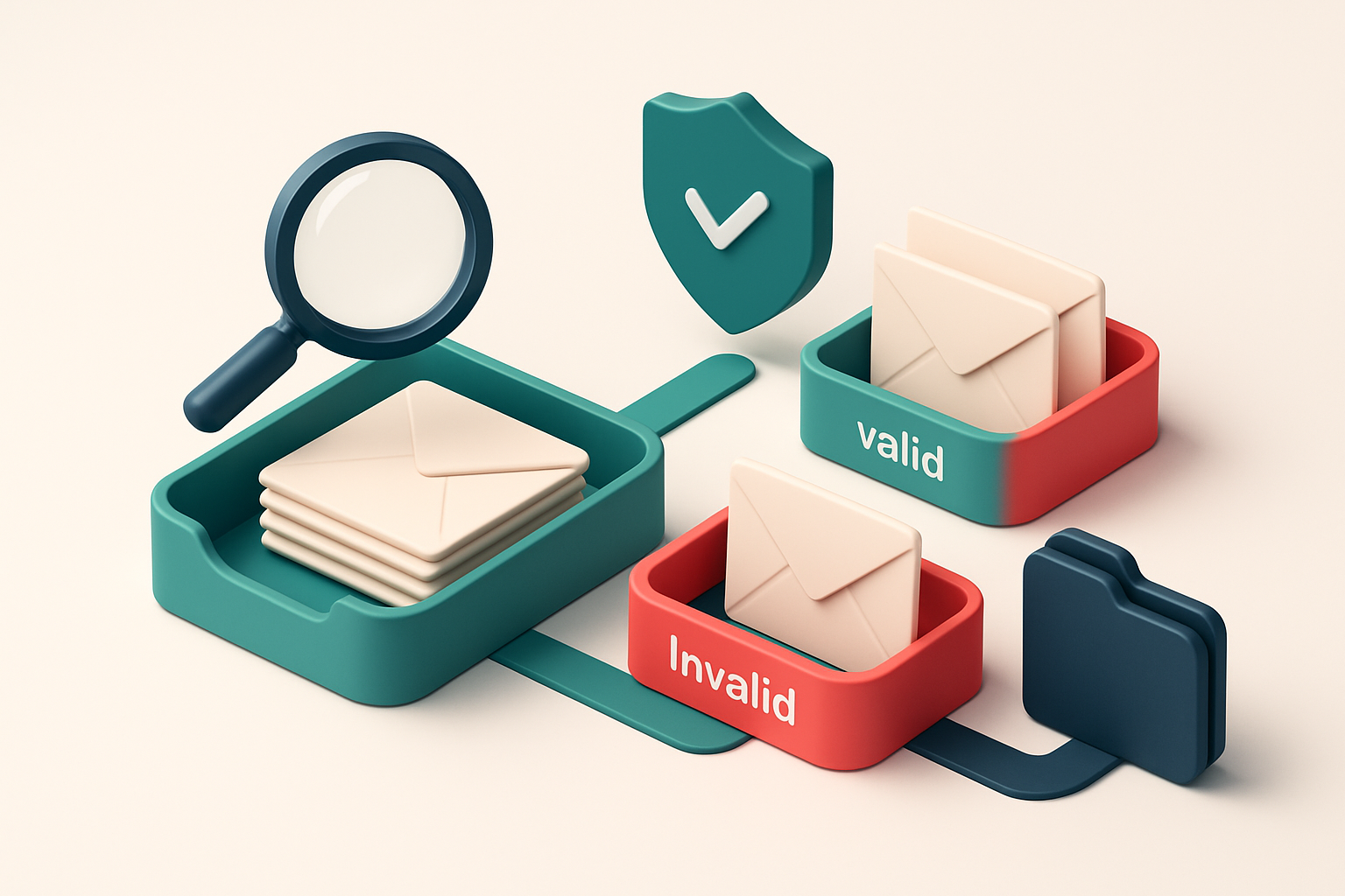 an isometric email inbox with envelopes being sorted onto a green 'valid' tray and a red 'invalid' tray, a magnifying gl