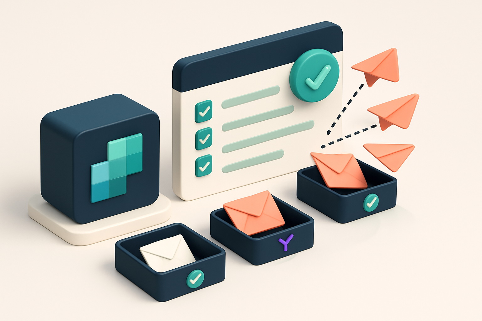 An isometric dashboard showing a SendGrid logo on one side, a MailTester interface with a green 'verified' badge over a