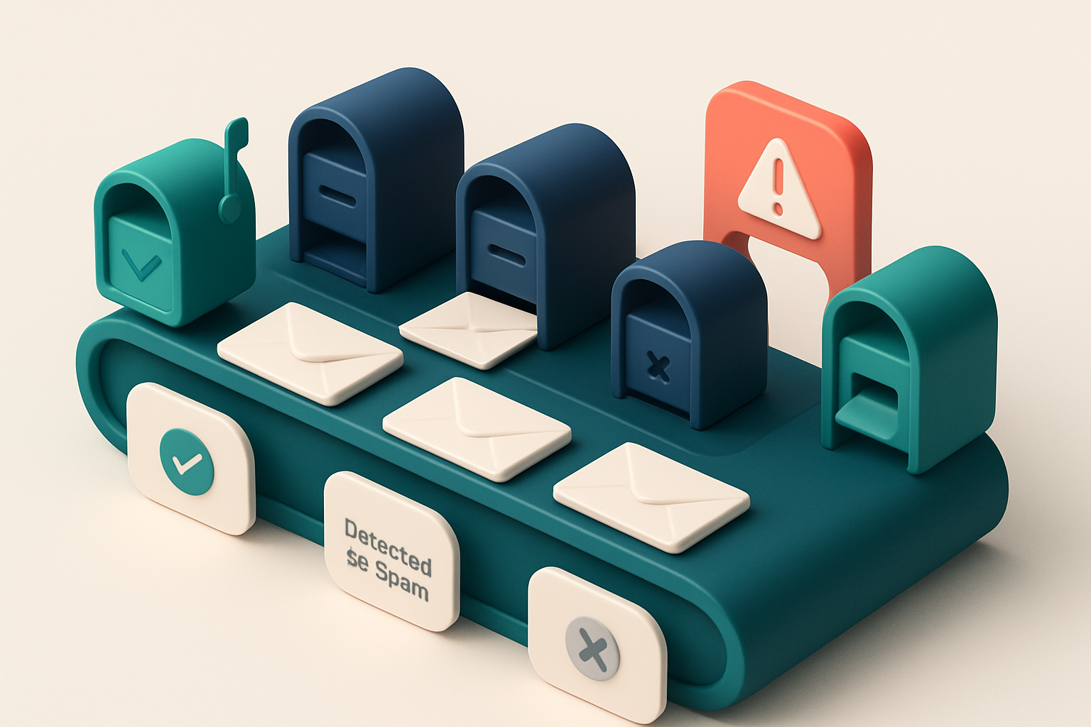 An isometric illustration of a conveyor belt carrying email envelopes through labeled gates: 'Valid Inbox', 'Spam', 'Blo