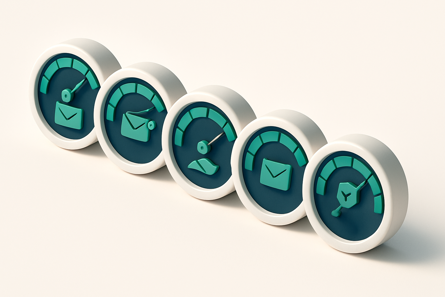 A row of five gauges, each showing a different delivery outcome: inbox, spam, bounce, catch-all, risky