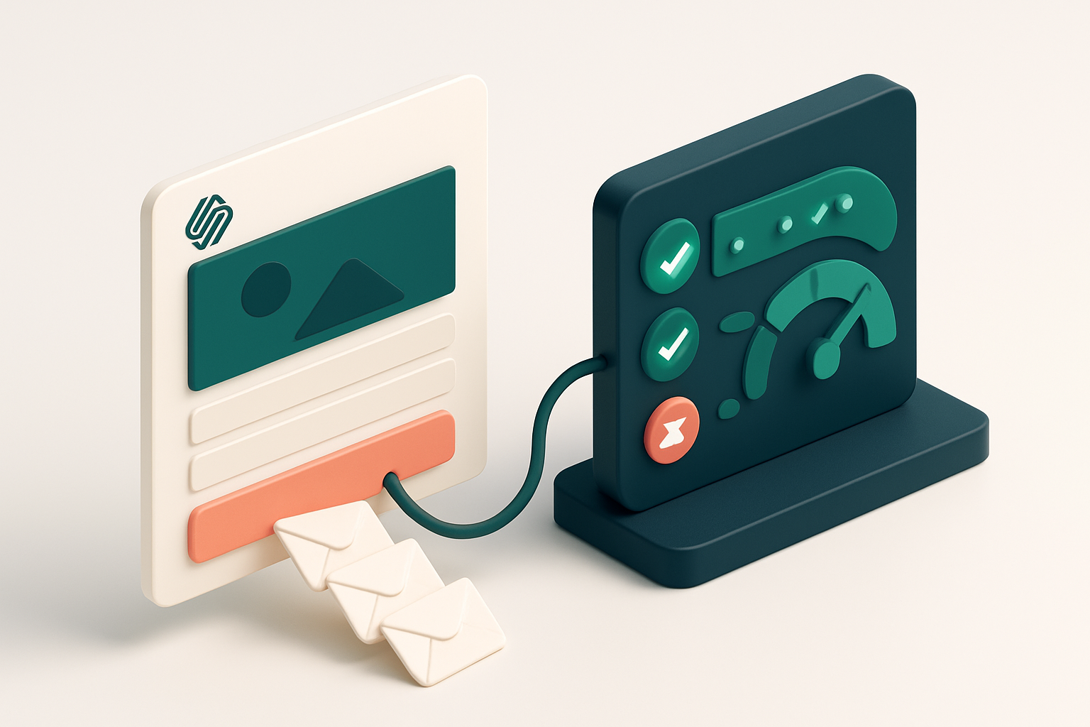 An isometric view of a Squarespace website interface with an email form, connected via wire to a MailTester dashboard sh