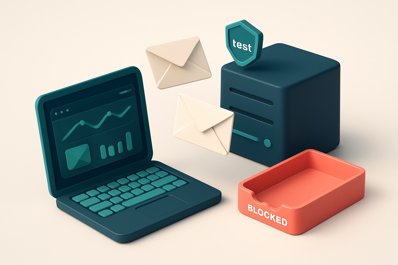An isometric desk scene with a laptop displaying a MailTester dashboard, two email envelopes approaching a mail server,