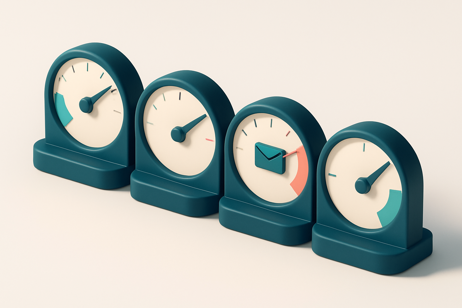 a row of four gauges showing inbox placement, bounce rate, spam risk, and deliverability score