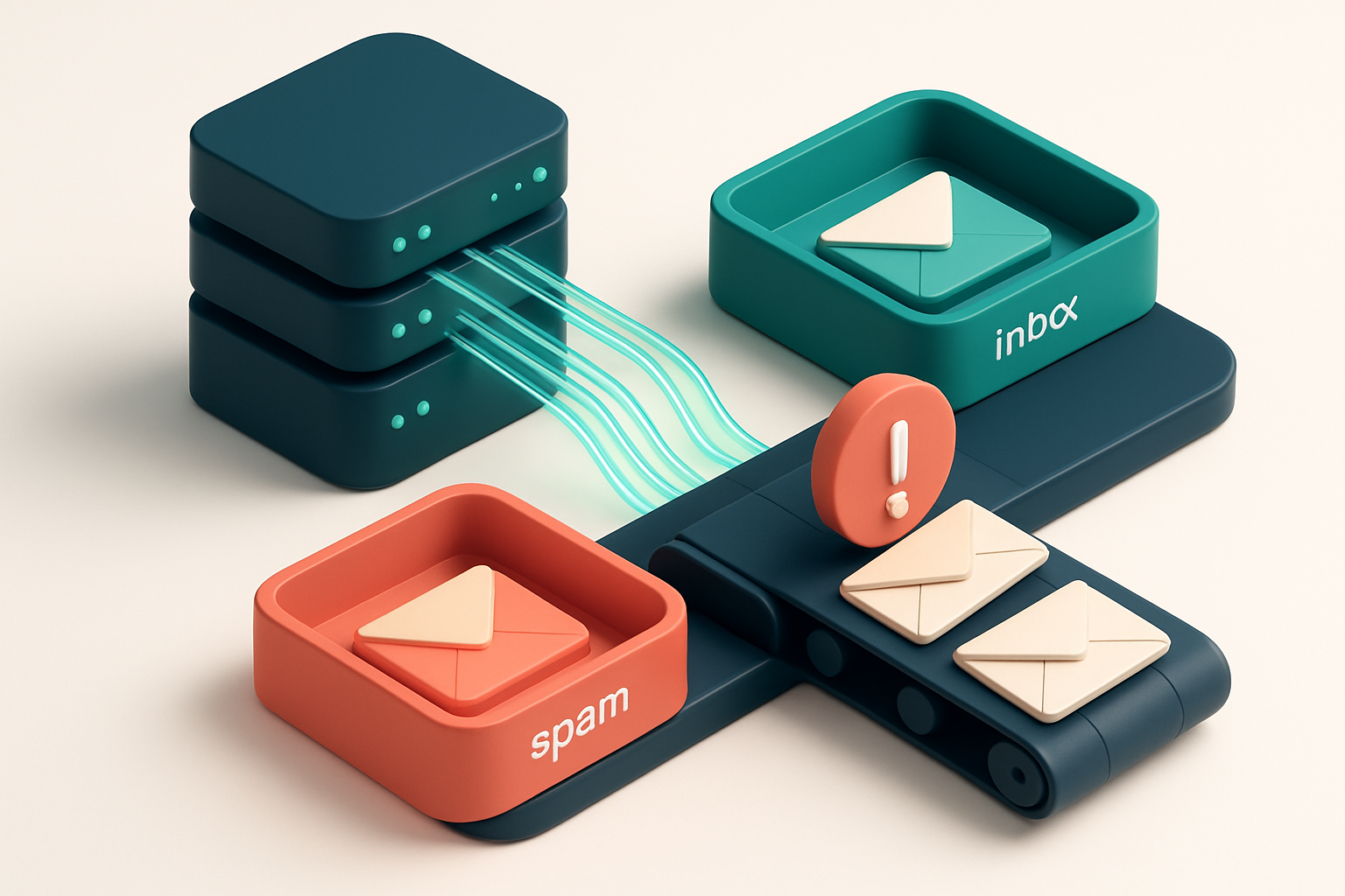 An isometric server cluster with glowing data streams flowing into a green 'inbox' tray and a red 'spam' tray, with a re
