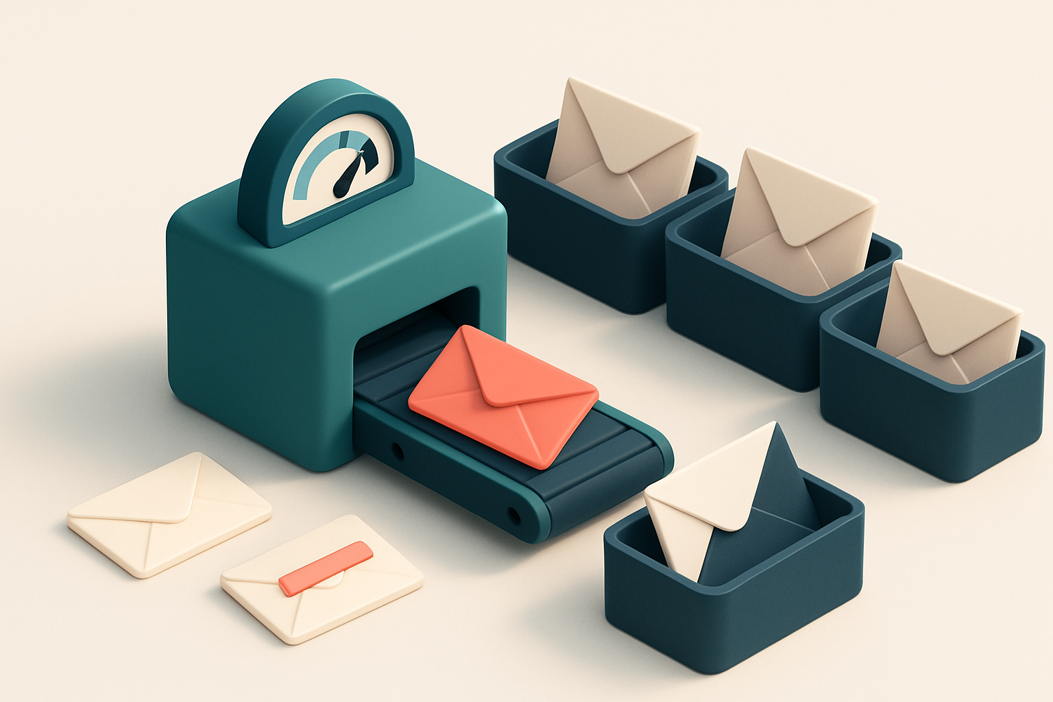 An isometric email inbox with envelopes labeled as 'Valid', 'Catch-All', 'Risky', and 'Invalid' being sorted into separa