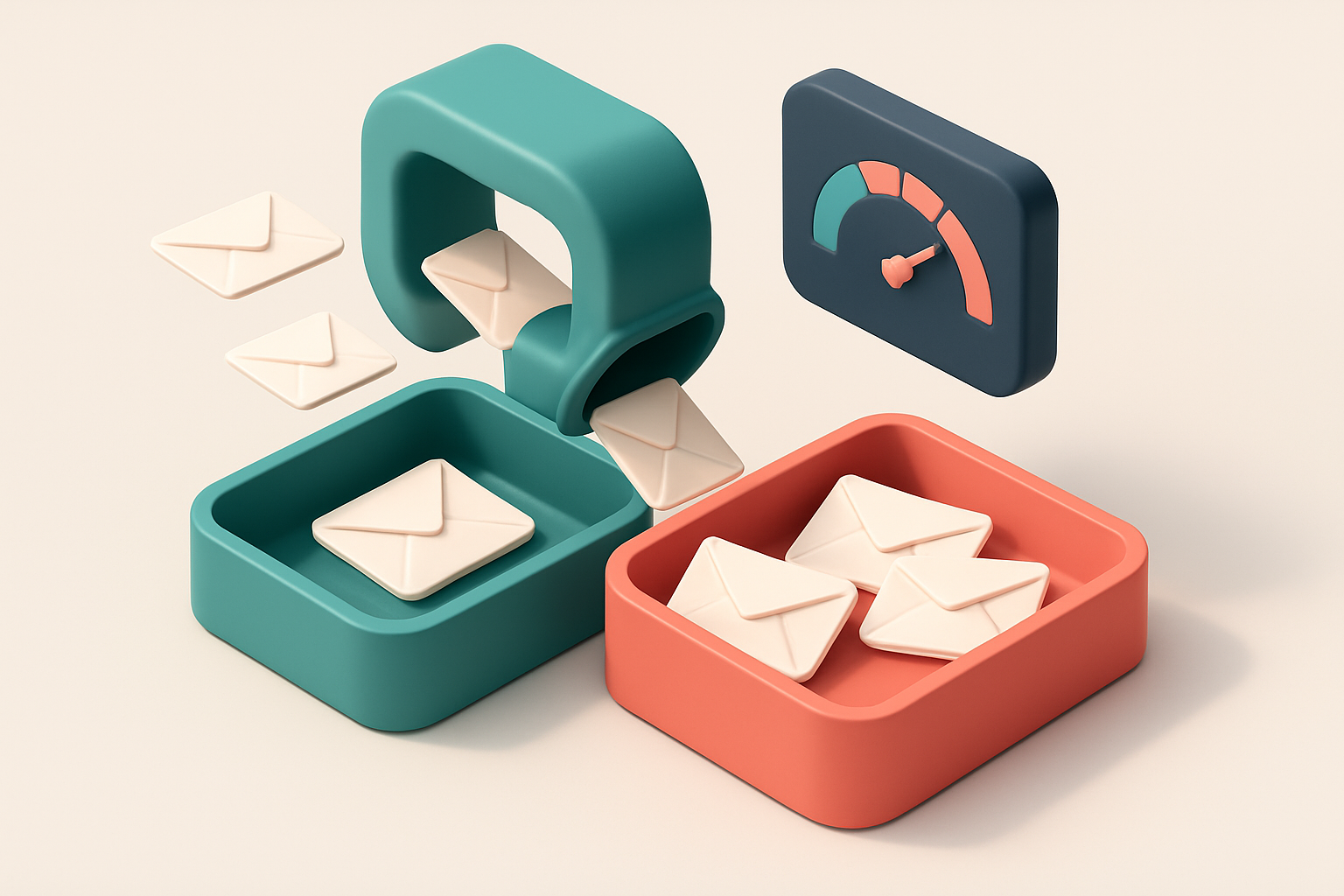An isometric inbox with multiple envelopes being routed through a filter tunnel—some drop into a green 'inbox' tray, oth