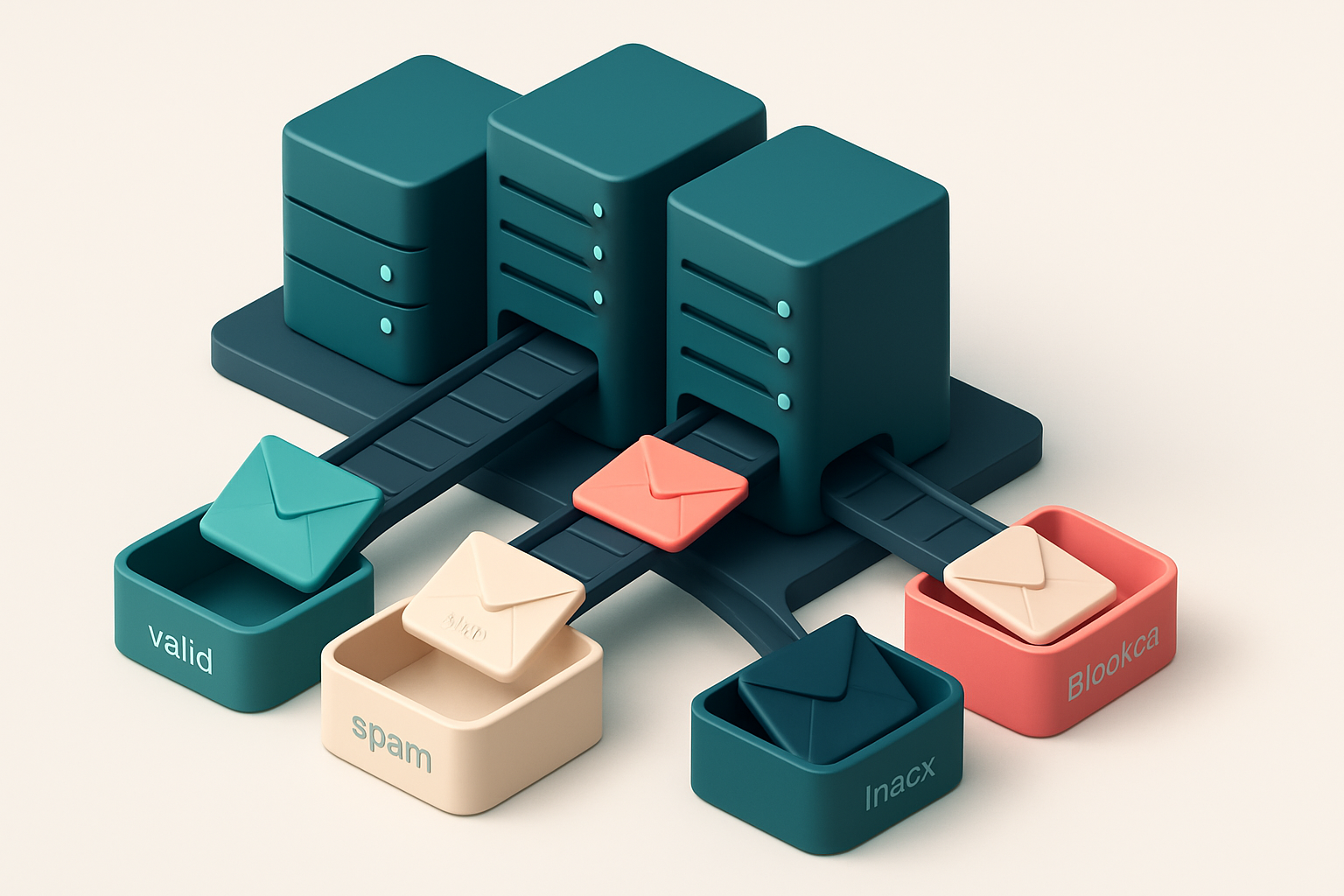 An isometric email server farm with multiple labeled servers, each feeding into three labeled inboxes: green 'Inbox', ye