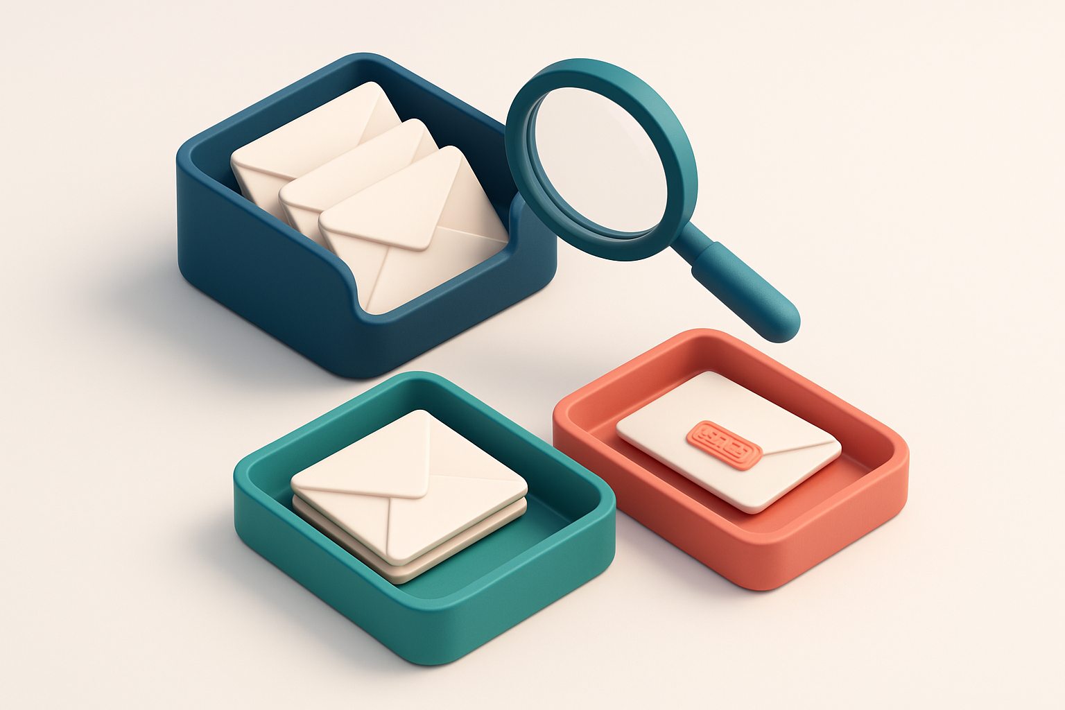 An isometric email inbox with envelopes being sorted onto a green 'valid' tray and a red 'invalid' tray, a magnifying gl