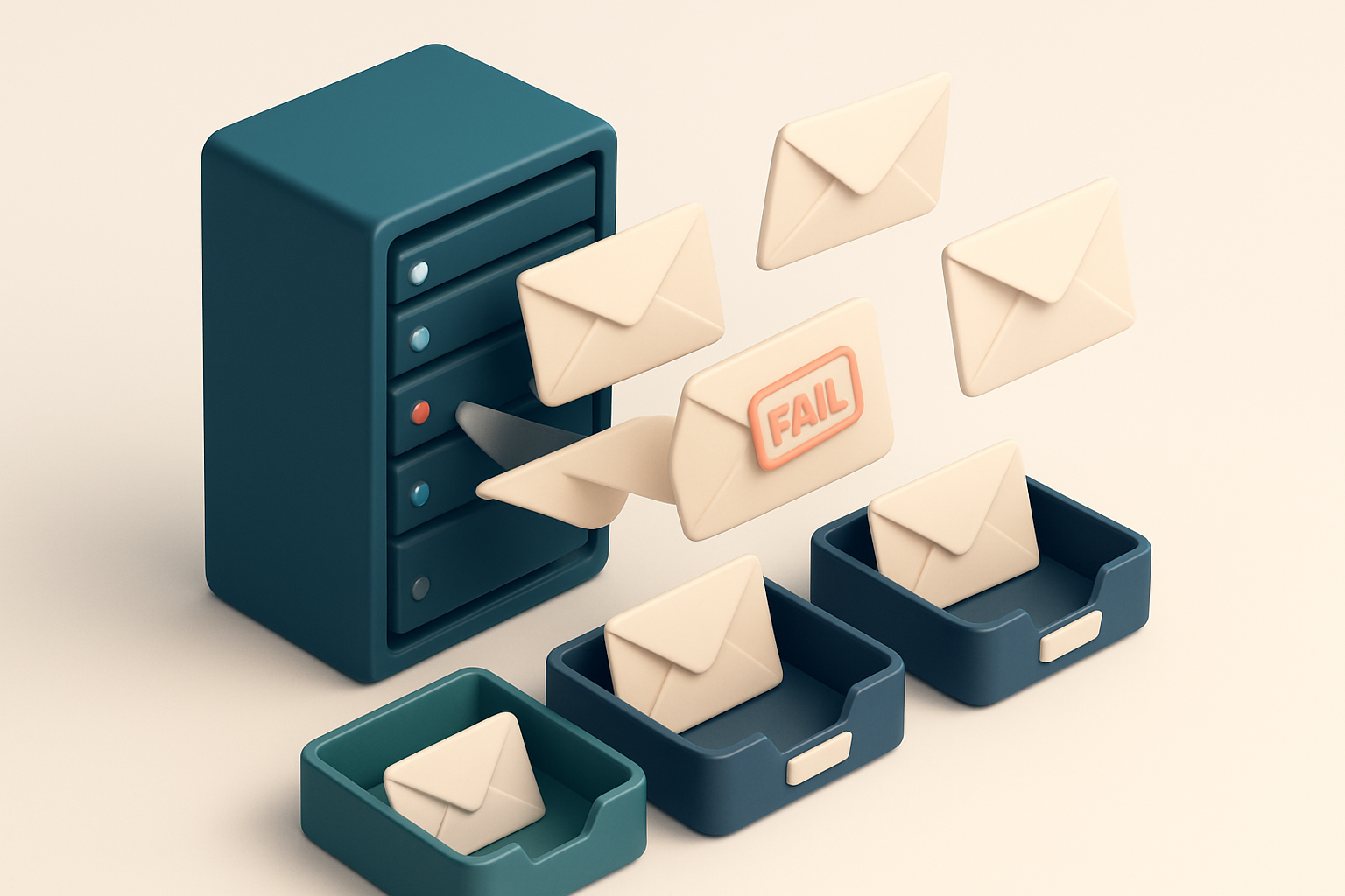 An isometric email server rack with five active email envelopes flying out, each directed toward a different inbox: a gr