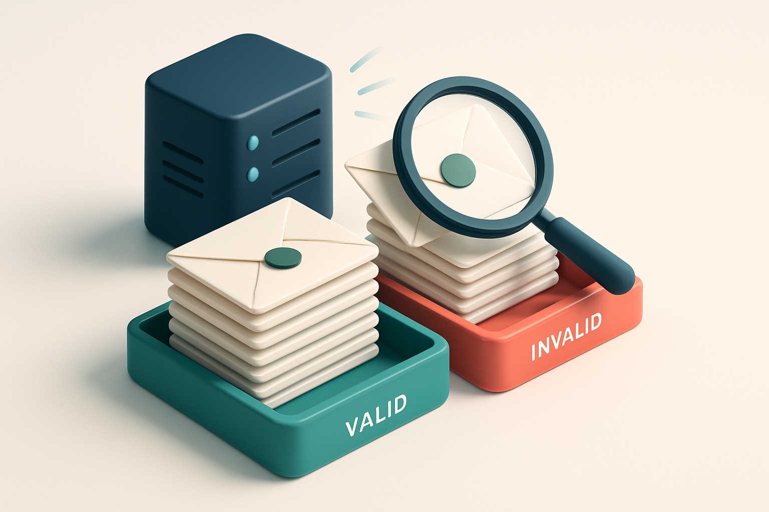 an isometric email inbox with envelopes being sorted onto a green 'valid' tray and a red 'invalid' tray, a magnifying gl