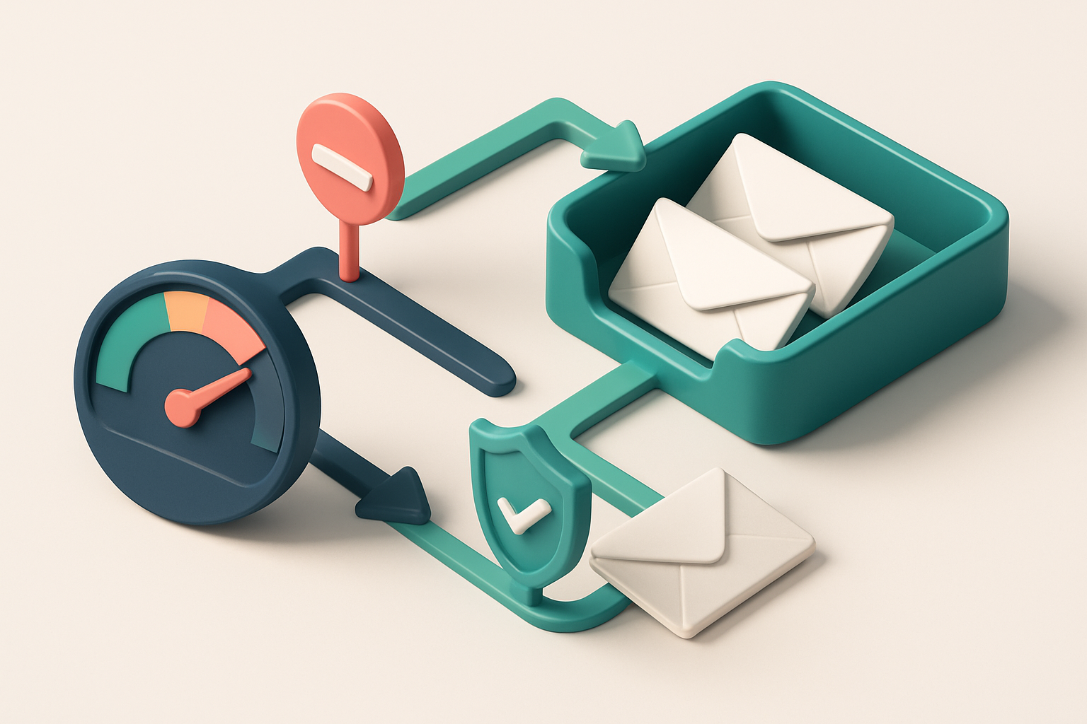 An isometric inbox with envelopes being routed through a red 'blocked' gate and a green 'delivered' gate, a digital shie