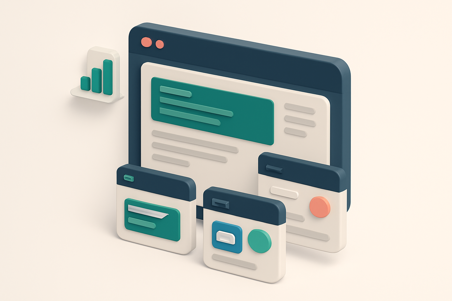 Hero: a 3D isometric illustration of a news website dashboard showing a real-time email campaign being tested across thr