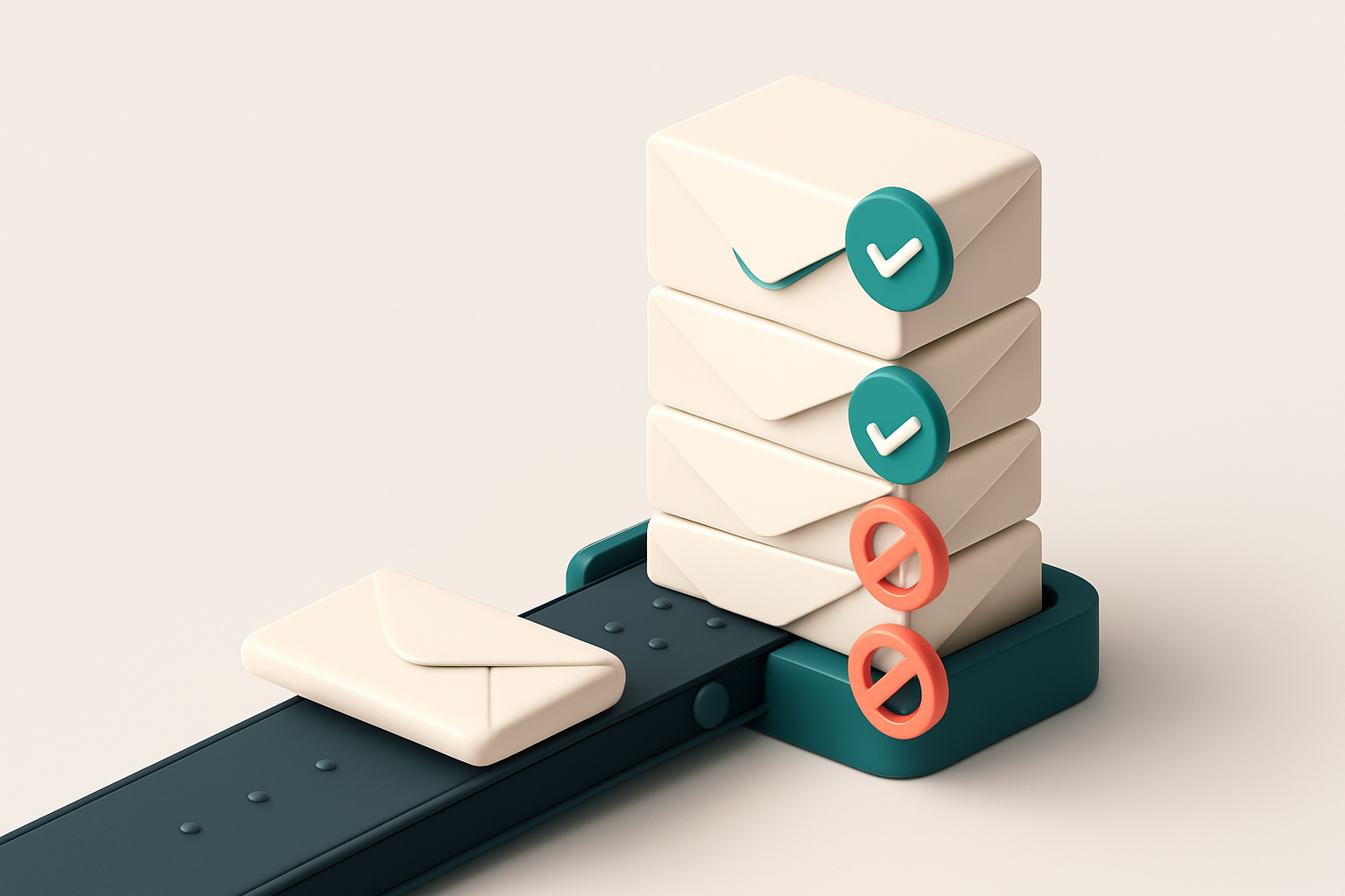 An isometric stack of envelopes labeled 'Gmail', 'Outlook', 'Yahoo', and 'Apple Mail', with green checkmarks on the inbo